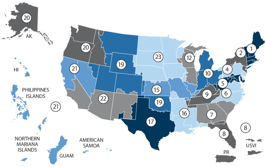 Map of the 18 Veterans Integrated Service Networks across the United States