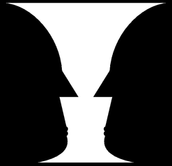 double image of man's profile or white vase