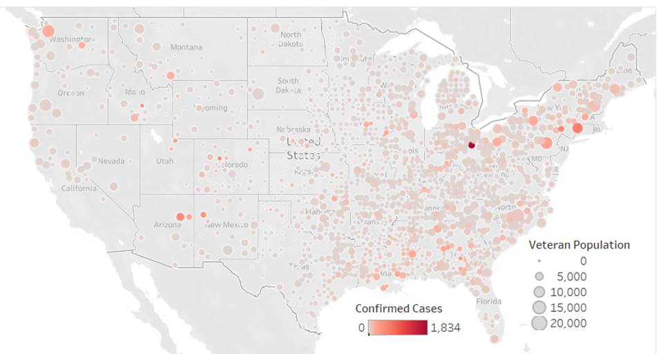 Cases of COVID-19 and Veteran Population in Rural Counties as of 04/19/2020