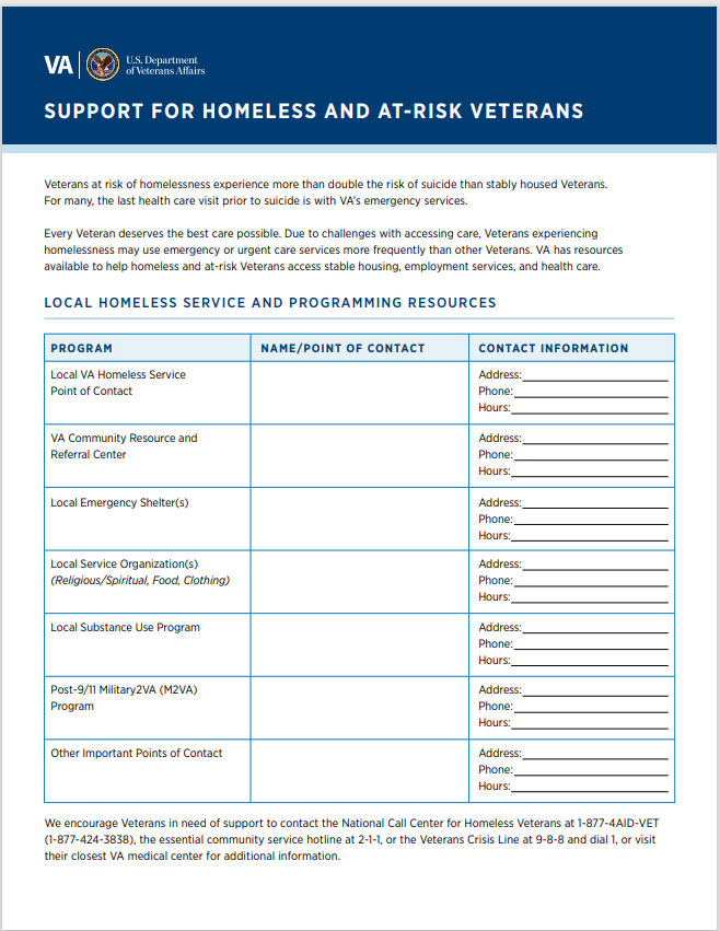 Emergency Department Resource Sheet for Homeless and At-Risk Veterans