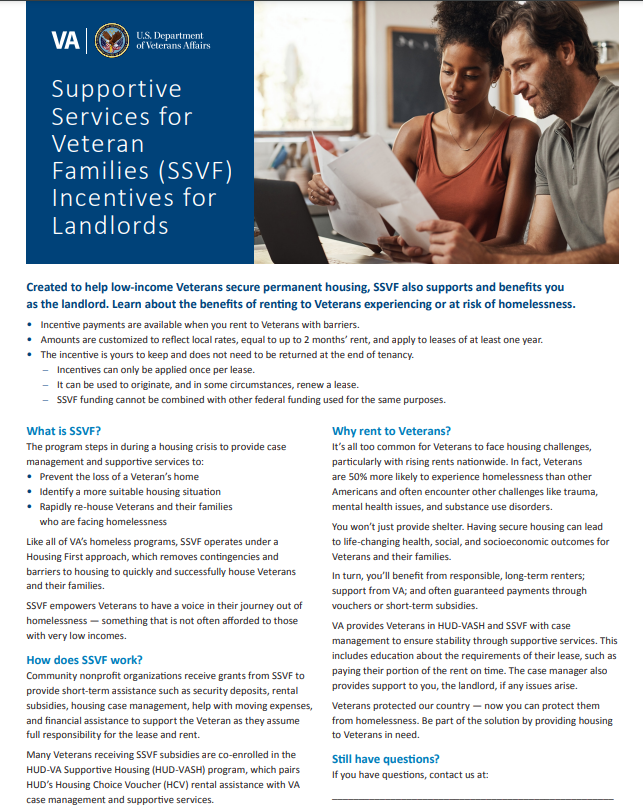 Supportive Services for Veteran Families Incentives for Landlords