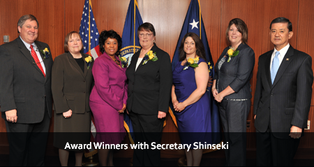 Jonathan Gardner, Rebecca Kordahl, Patricia Lucas, Kathleen Dunn, Michele Price, Theresa Allen,  and  Secretary Shinseki at the Secretary’s nursing excellence award ceremony