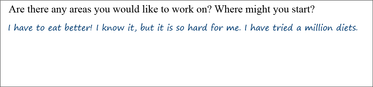 Question: Are there any areas you would like to work on? Where might you start? Answer: I have to eat better! I know it, but it is so hard for me. I have tried a million diets.