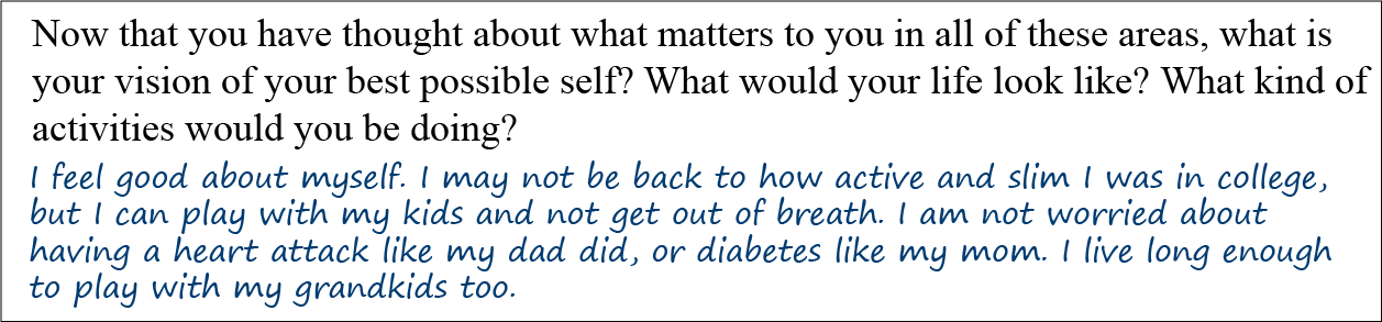 Question: Now that you have thought about what matters to you in all of these areas, what is your vision of your best self? What kind of activities would you be doing? Answer: I feel good about myself. I may not be back to how active and slim I was in college, but I can play with my kids and not get out of breath. I am not worried about having a heart attack like my dad, or diabetes like my mom. I live long enough to play with my grandkids too.