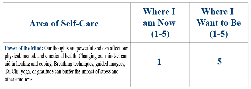 Under Areas of Self-Care: Power of the Mind: Our thoughts are powerful and can affect our physical, mental, and emotional health. Changing our mindset can aid in healing and coping. Breathing techniques, guided imagery, Tai Chi, yoga, or gratitude can buffer the impact of stress and other emotions. For "Where I am Now (1-5)," Matt, put a 1. For "Where I Want to Be (1-5)," Matt put a 5.