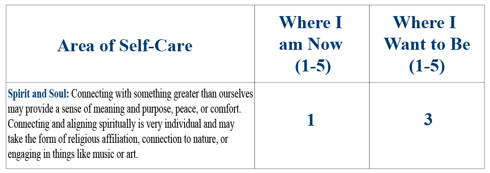 Area of Self-Care: Spirit and Soul: Connecting with something greater than ourselves may provide a sense of meaning and purpose, peace, or comfort. Connecting and aligning spiritually is very individual and may take the form of religious affiliation, connection to nature, or engaging in things like music. Under "Where I am Now (1-5)" Eric has put a number 1, and under "Where I Want to Be (1-5)" Eric has put a number 3.