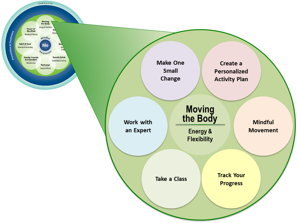 Six subtopics surround the Self-Care header of Moving the Body. Those subtopics include: Make One Small Change, Create a Personalized Activity Plan, Mindful Movement, Track Your Progress, Take a Class, and Work with and Expert.