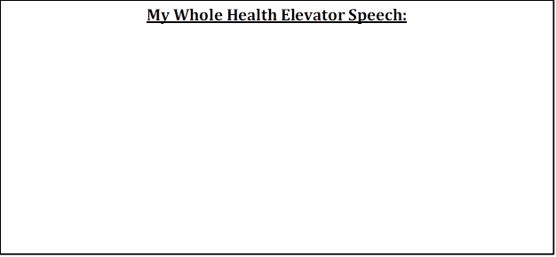 Empty box with space to write "My Whole Health Elevator Speech". 