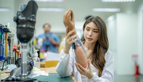 Prosthetics Laboratory, Prosthetics Technician Checking Prosthetic Leg