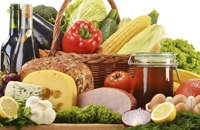 Composition with groceries in a wicker basket