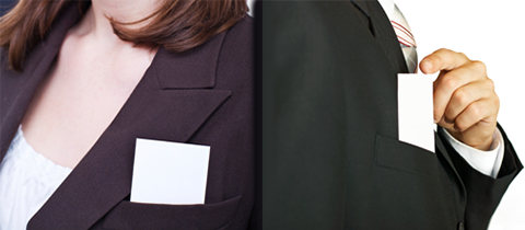 Business woman and man with pocket cards