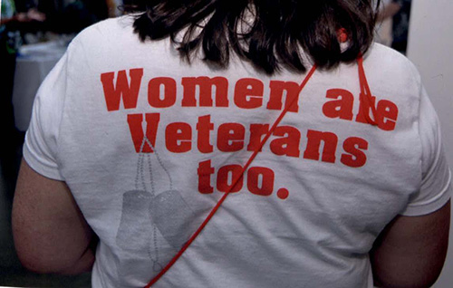 A woman Veteran wearing a t-shirt with the caption Women are Veterans too.