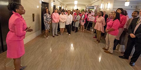 Anna Crenshaw, Acting Director speaking to VA employees about Breast Cancer